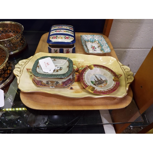 63 - A mixed selection of china to include lidded pot, ashtray, a Hungarian hand painted salt shaker etc