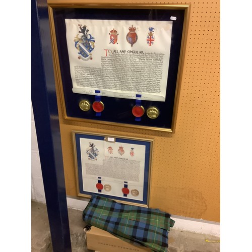 375 - A framed and glazed Seal of Coat of Arms for Derek Anthony Ewen Maclaren together with a vintage tar... 