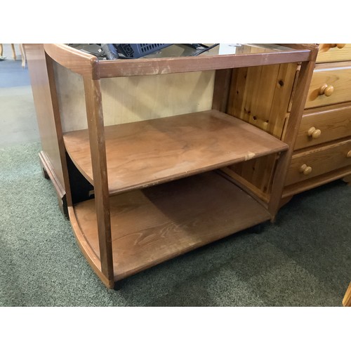 443 - A G Plan style mid-century glass top and teak drinks trolley