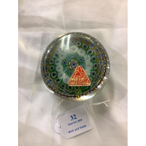 32 - A Murano millefiori J F Kennedy paperweight with original paper label underneath