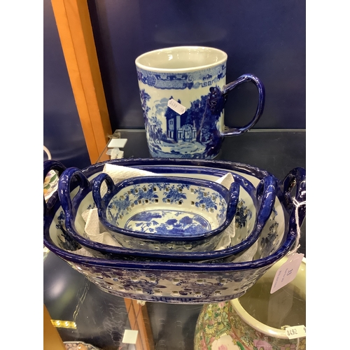 33 - A Victorian ware Ironstone blue and white tankard and three graduating pierced dishes