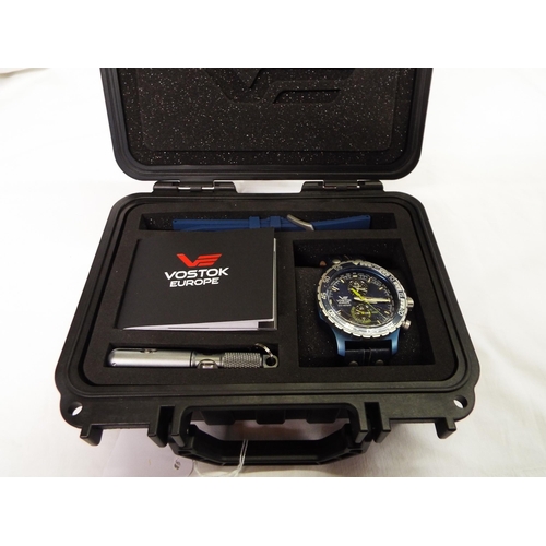 216 - A boxed as new Vostok Europe Chronograph wristwatch with leather strap