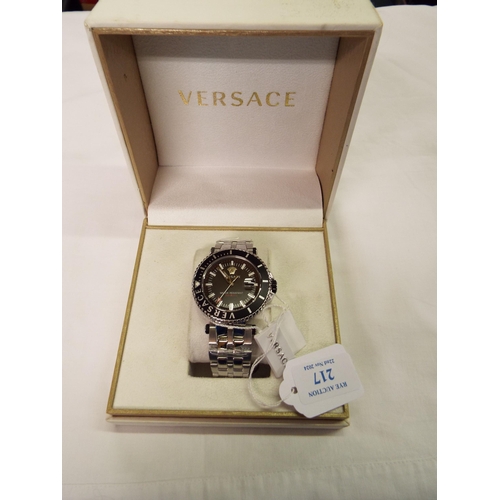 217 - A boxed as new gents Versace Aion chronograph wristwatch with stainless steel strap the black dial h... 