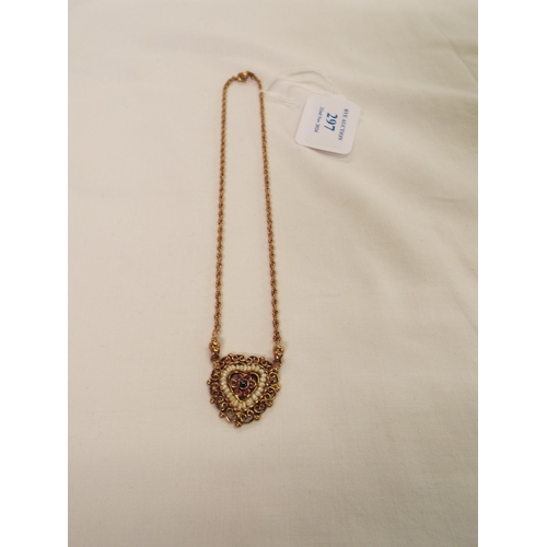 297 - A 925 silver gilt necklace and heart shaped pendant inset with seed pearls