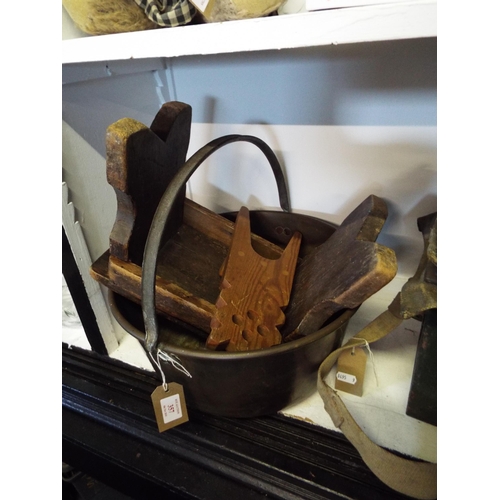 532 - A vintage pine foot stool together with a brass preserving pan and a wooden boot jack