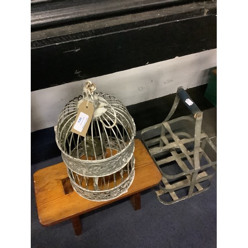 546 - A painted metal bird cage, a milk carrier and a wooden foot stool