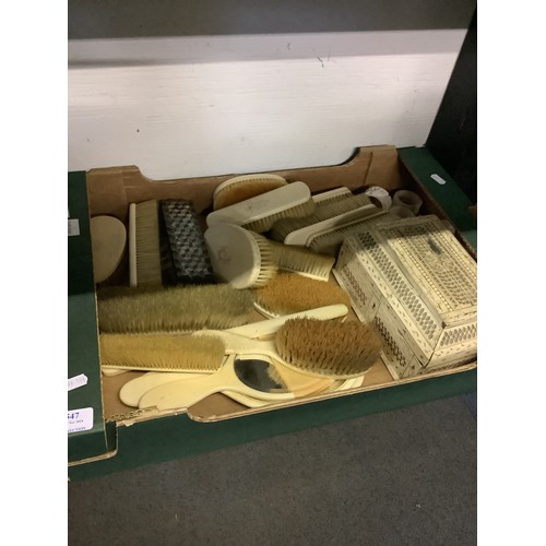 547 - A box of assorted bone brushes, mirrors, box etc