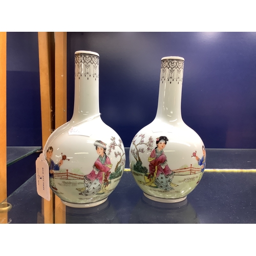 3 - Two Chinese porcelain bottle vases depicting a female and child decoration, marks to base