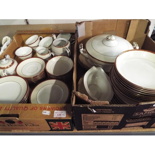 507 - Two boxes of white and gilt banded china to include tureen, plates, cups, saucers etc