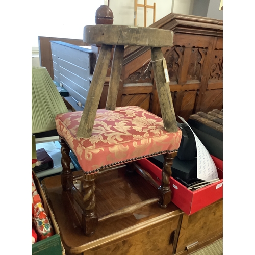 654 - An oak barley twist stool together with a milking stool