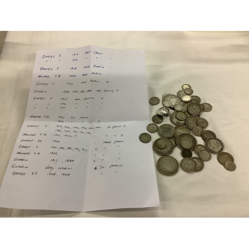 159 - A selection of pre 1947 coins to include half-crowns, florins, shillings, sixpence, three pence (lis... 