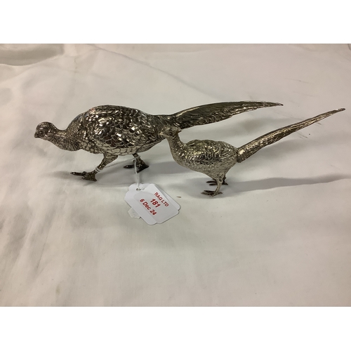 181 - Two silver pheasants, one having date mark 1708 maker B.M., the smaller bird marked 925 BHM