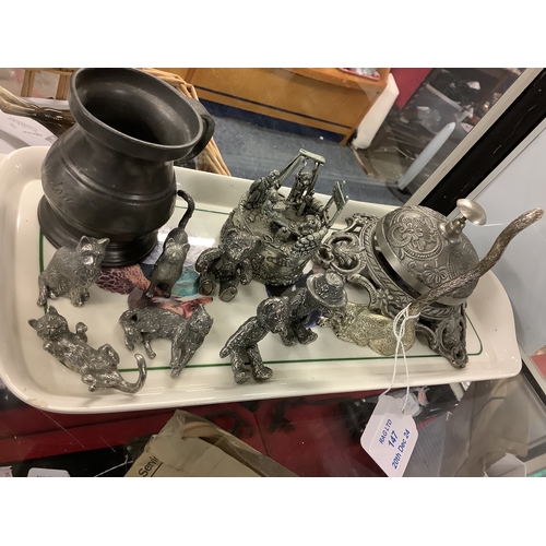 147 - A pewter counter top bell together with a selection of A E Williams pewter figurines and a Teddies P... 