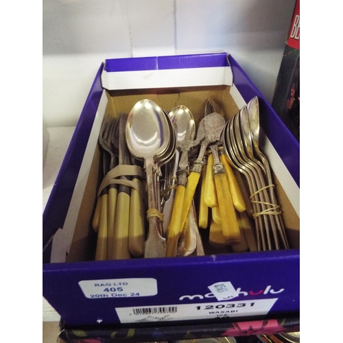 405 - A box of assorted bone handled silver-plated cutlery