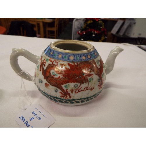 8 - A Chinese tea-pot with dragon decoration (chip to lid)