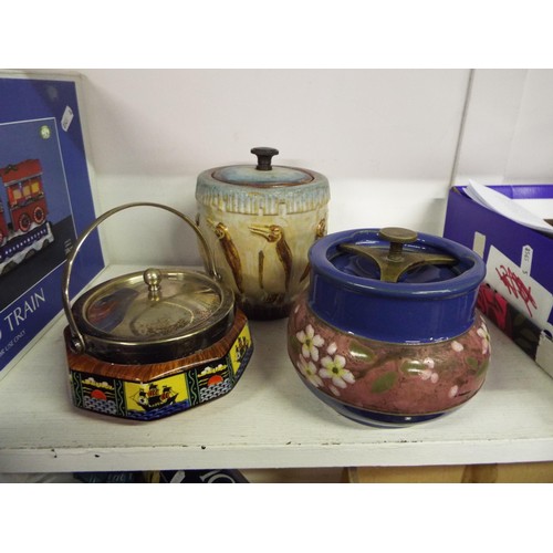 408 - A mixed selection to include biscuit barrels, tea pot and tobacco jar