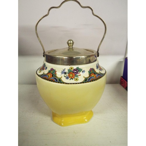 408 - A mixed selection to include biscuit barrels, tea pot and tobacco jar