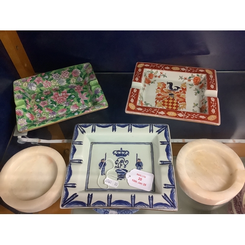 20 - Three Chinese ornate porcelain ashtrays together with two alabaster ashtrays