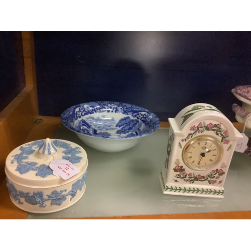 22 - A Portmeirion mantel clock, Wedgwood blue and white lidded pot and a Spode bowl