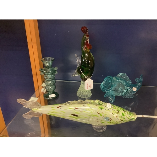 31 - A Murano style red and green Cockerel together with two fish and a vase