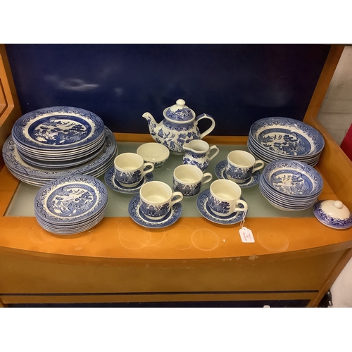 32 - A selection of Churchill blue and white china comprising of plates, tea-pot, cups and saucers etc