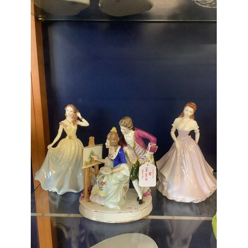 50 - A Chelsea porcelain figurine of a courting couple and Two Coalport figurines 'Cherish' and 'Ladies o... 