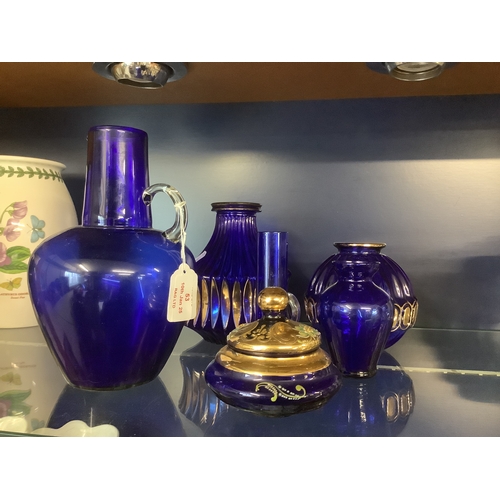 53 - A selection of Bristol blue glass to include three vases, lidded pot, ewer etc