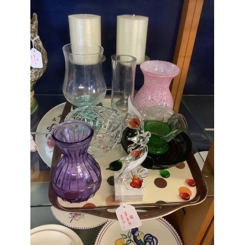 58 - A mixed selection of assorted glass ware to include a Murano vase, candlesticks, glass bird etc