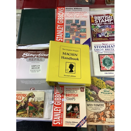 63 - A selection of stamp catalogues, empty stamp album and leaves and three tea card albums