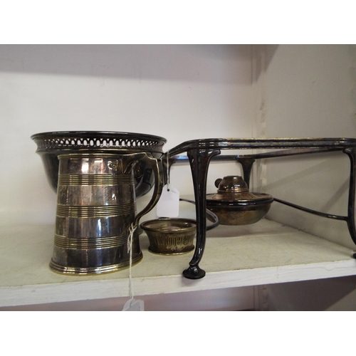 357 - A silver-plated spirit burner, bowl, tankard and tea strainer holder