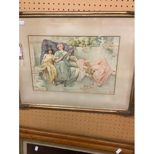 378 - A silk printed scene of three ladies signed N. Prescott Davies