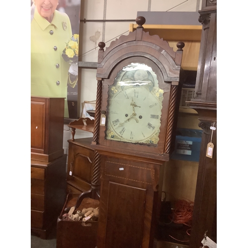 441 - A flamed mahogany long case clock having painted dial with moon face in need of restoration