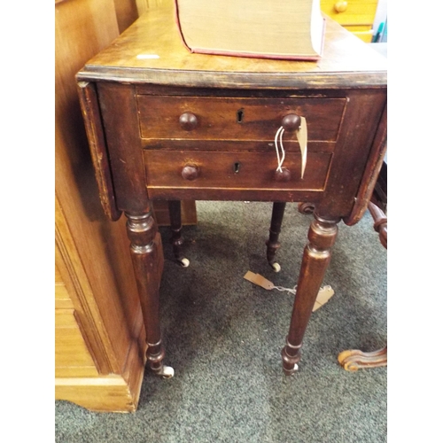 508 - A Victorian mahogany drop leaf work table with two short drawers resting on turned supports