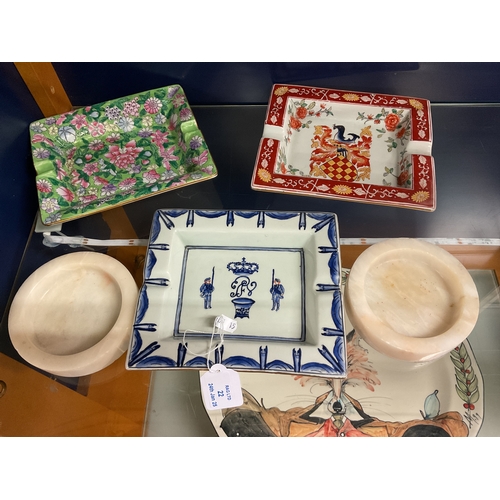 22 - Three Chinese ornate porcelain ashtrays together with two alabaster ashtrays