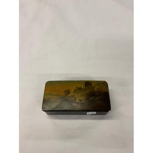 144 - A circa 1820 snuff box with pictorial scene castle and shepherd