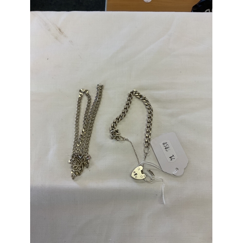 161 - A silver curb chain and a silver bracelet with heart padlock 1.58oz