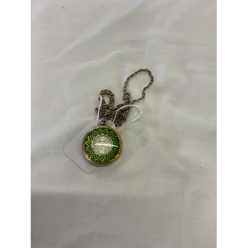 205 - A ladies gold tone and green enamel fob watch on chain