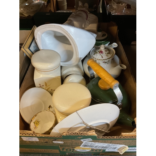 281 - A box of assorted china to include tea-pots, storage jars etc