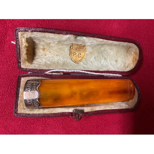 301 - A Birmingham 1901 silver collared amber cheroot holder in leather case