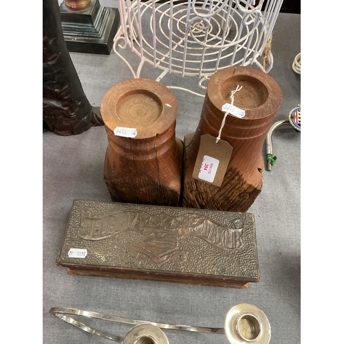 394 - Two vintage hand carved wooden candlesticks together with an Art Nouveau style box