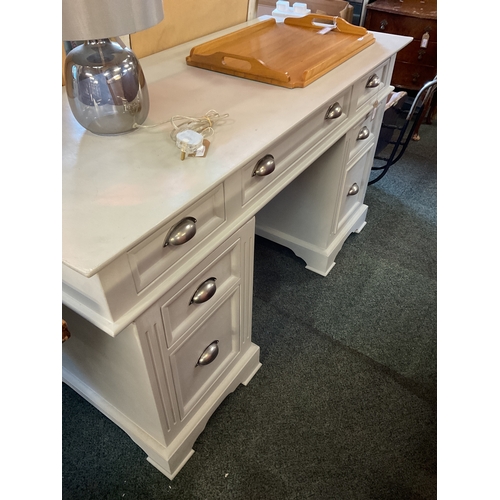 620 - A grey painted pedestal desk with cup handles