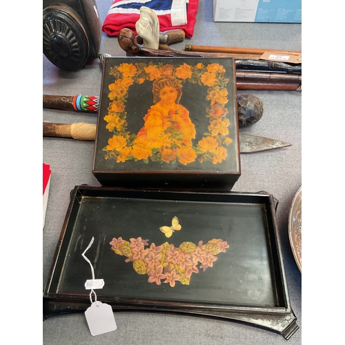 386 - A vintage decoupage wooden tray and box (no key)