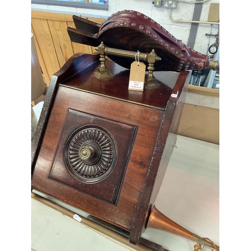 619 - An antique oak coal scuttle with shovel and a pair of bellows