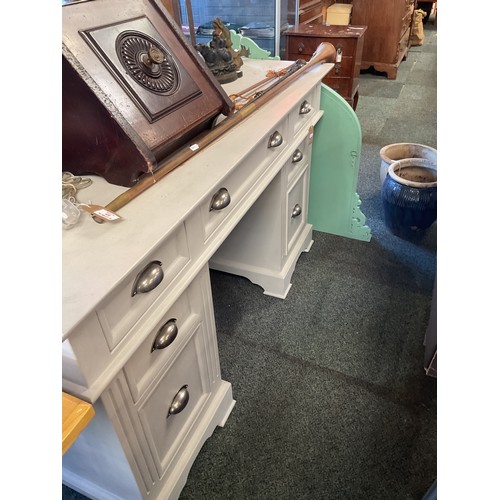 621 - A grey painted pedestal desk with cup handles