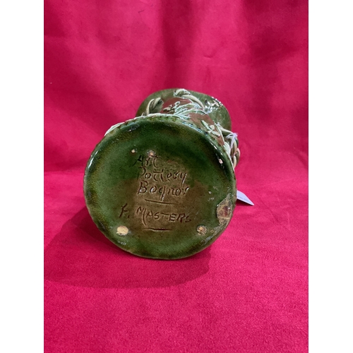 3 - A Bognor Pottery green glazed basket with floral decoration and applied rope signed to base F. Maste... 