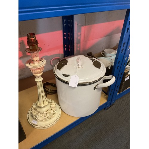 414 - A vintage enamel flour bin together with a carved painted wooden table lamp