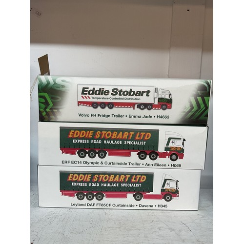 442 - Three boxed as new Atlas Edition Eddie Stobart lorries to include 'Volvo FH fridge trailer Emma Jade... 