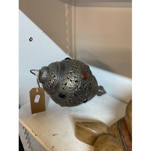 461 - A metal Indian hanging light fitting with pierced decoration and coloured stones