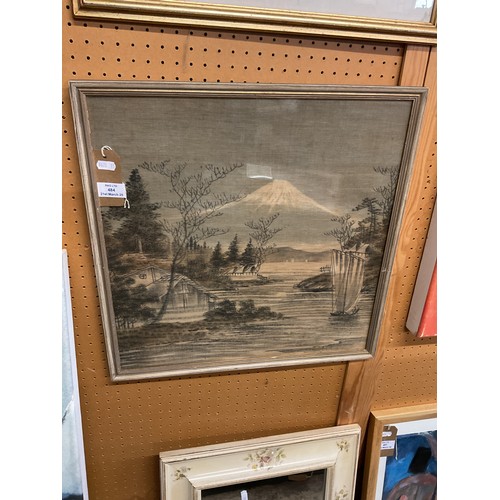 484 - A Japanese framed print on silk of Mount Fuji etc with original label, Eveling-Tress Ltd, Rathbone P... 