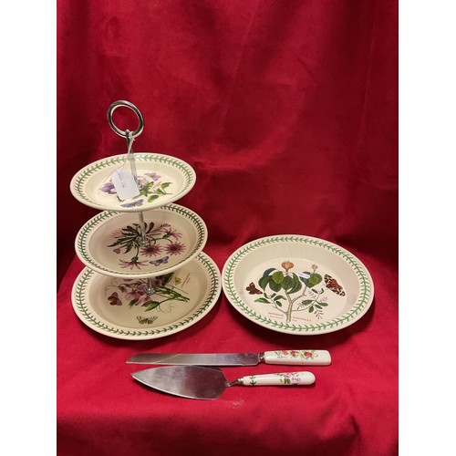 60 - A Portmeirion 'Botanical Garden' three tier cake stand, flan dish and slices